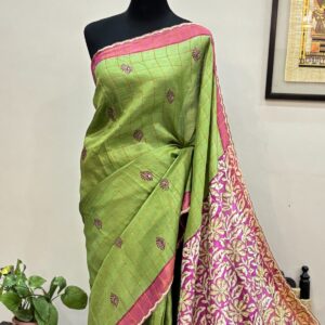 Zari Check Tussar Saree with Cutdana Work & Scalloping | Includes Blouse Piece