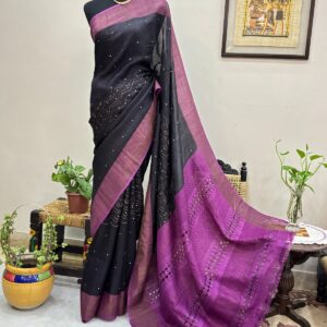 Designer Tussar Silk Saree with Hand Ari Work, Cutwork & Blouse Piece