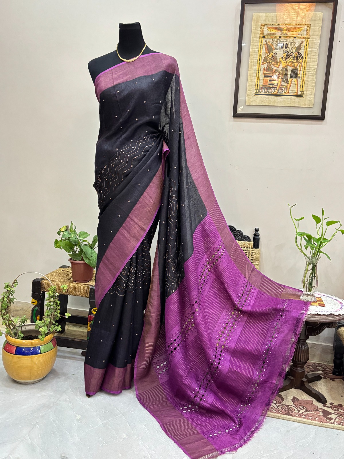 Designer Tussar Silk Saree with Hand Ari Work, Cutwork & Blouse Piece