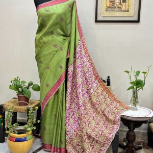 Zari Check Tussar Silk Saree with Cutdana Work, Scalloped Border & Blouse Piece