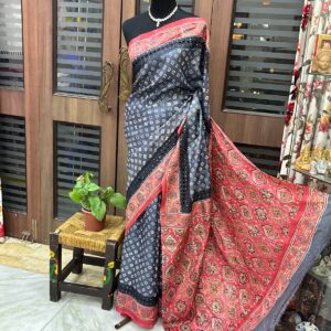 Printed Tussar Silk Saree with Hand Ari Work, Cutwork & Blouse Piece