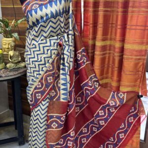 Tussar Silk Saree with Block Print & Hand Gujarati Stitch Embroidery